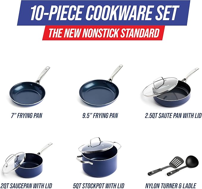 Blue Diamond 10 Piece Nonstick Cookware Set, Diamond Ceramic Pots & Pans, Dishwasher & Metal Utensil Safe, Non Toxic PFAS-Free, Kitchen Cooking Sauce & Saute Pans, Oven & Broiler to 600F, Blue