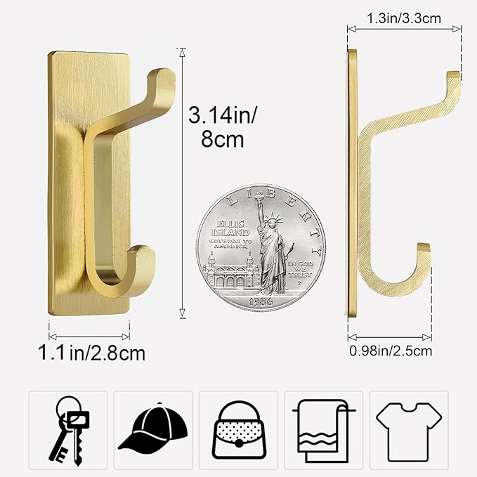 Self Adhesive Wall Hooks for Hanging: Extra Strong 13 LB, Hook for Coat, Towel in Bathrooms, Shower, Kitchen, Wall, Door Hook, Gold 12 Pack