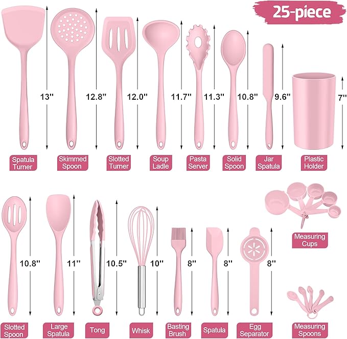 E-far Silicone Cooking Utensils Set, 25 Piece Kitchen Utensils with Holder, Non Toxic Kitchen Tools Spatula, Turner, Spoon, Ladle for Nonstick Cookware, Heat Resistant & Dishwasher Safe - Pink