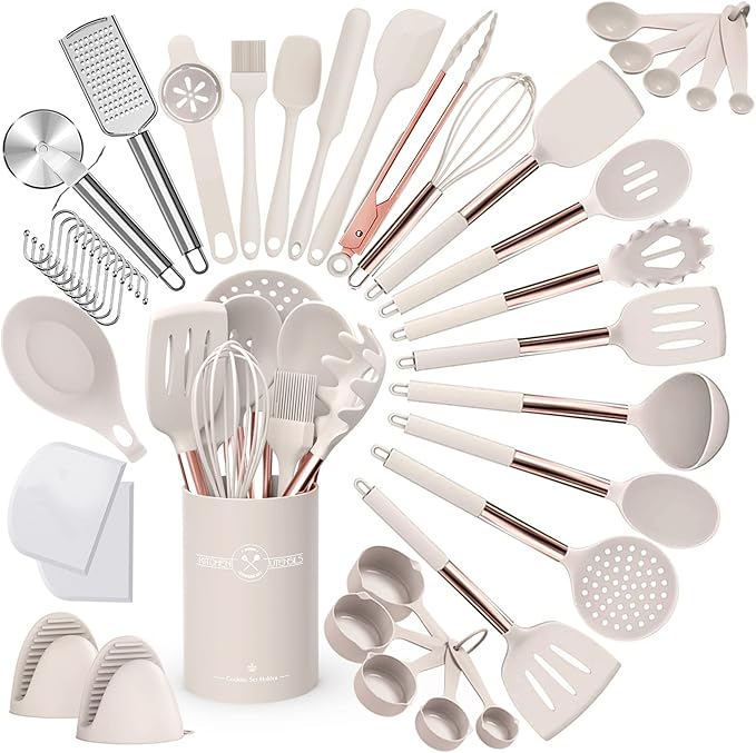 Umite Chef Silicone Kitchen Cooking Utensil Set, 43 pcs Spatula Utensils Set with Rose Gold Stainless Steel Handle, Non-stick Heat Resistant - Best Cookware Set-(Khaki)