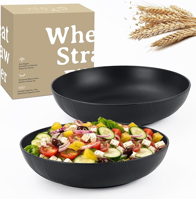 Large salad bowls,65oz Salad bowls set of 2,Unbreakable Plastic bowls Microwave & Dishwasher Safe Bowls,Wheat Straw Serving Bowls for Salad, Cereal, Fruit, Dishwasher Safe.Black