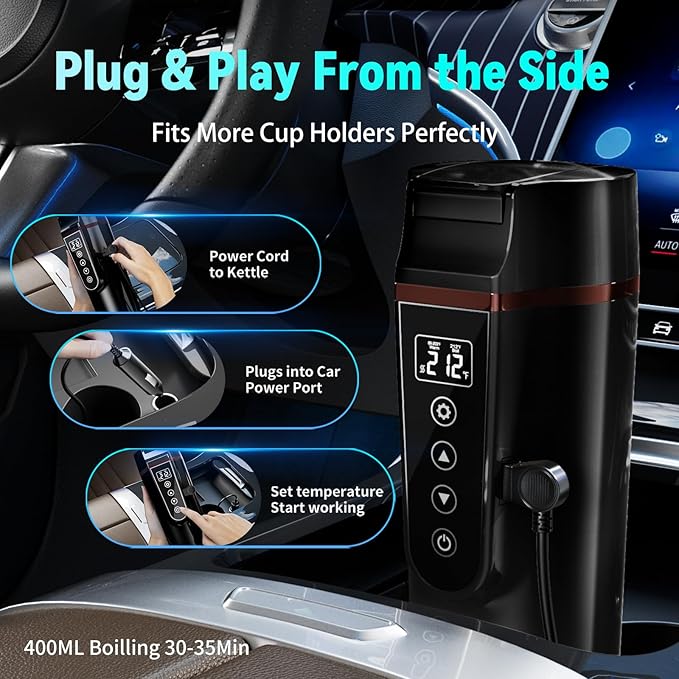 Car Electric Kettle for Travel : FVPE 12V/24V Small Electric Water Kettle, Multi-Temp Control 400 mL Portable Car Water Boiler for Brewing Coffee Tea,LCD Display 304 Stainless Steel Truck Heating Cup