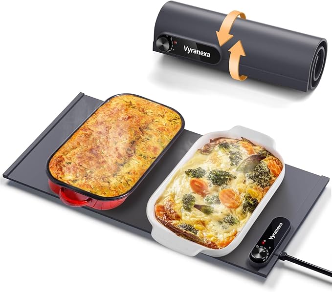 Warming Mat for Food - Space-Saving, Fits Two Baking Dishes, 7 Temp Settings, 4h Auto Shut-Off, Durable Silicone Surface, Easy to Clean, Perfect for Parties and Everyday Use (Gray, Medium)