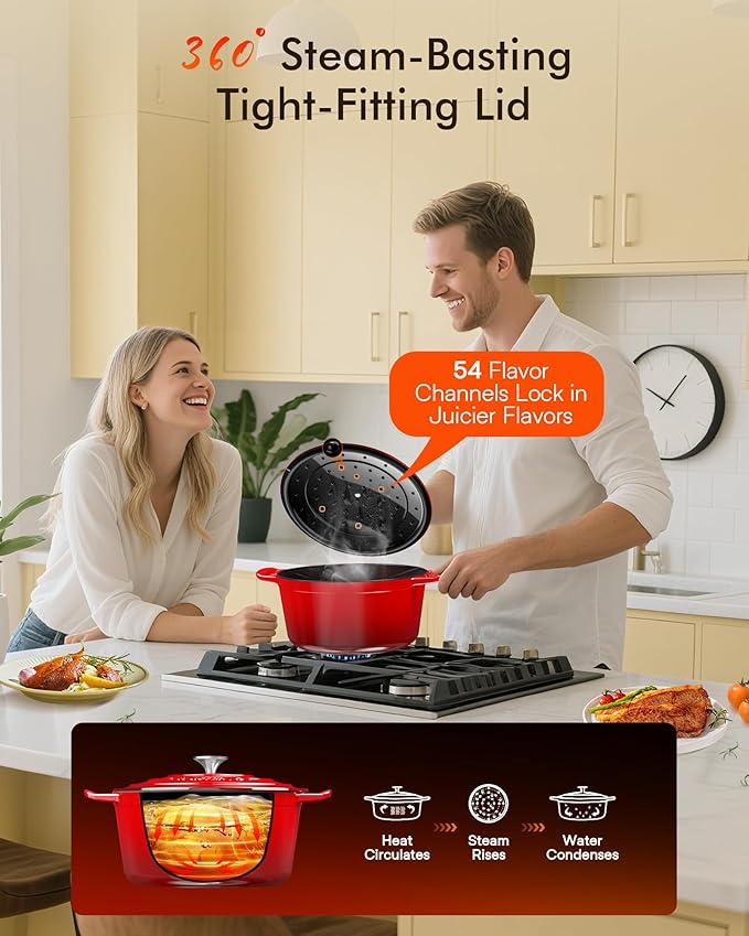 Nuwave 6QT Healthy Enameled Cast Iron Dutch Oven Pot with Lid, Heavy Duty 7-Layer Enamel, Enhanced Rust Protection, Dual Handles, Oven Safe to 500°F for Sourdough Bread Baking, Braise, Stew, Roast