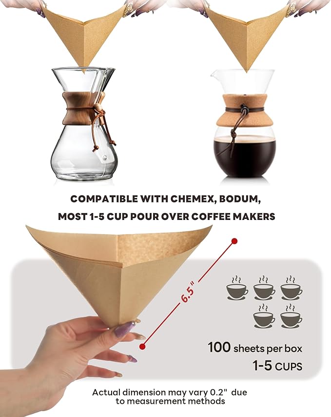 Pre-folded Unbleached Cone Coffee Filters, 100 Count Disposable Paper Filters Compatible with Hario V60 Size 02 Drippers, Bodum & 1-5 Cups Pour Over and Drip Coffee Makers