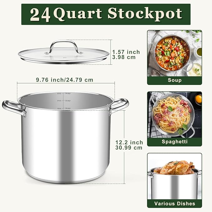 Leonyo Stainless Steel Stock Pot, 24QT Large Pot For Cooking, 18/10 Stockpot with Glass Lid for Stewing Simmering Boiling, Heavy-Duty 3-ply Bottom for All Stoves, Dishwasher Safe & Food Grade Cookware