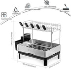 Dish Drying Rack, 2 Tier Large Dish Rack, Stainless Steel Dish Drainer for Kitchen Counter, Dishes Rack with Automatic Drainage, Utensil Holder,Cups Holder,Space Saving Kitchen Organizer,Black