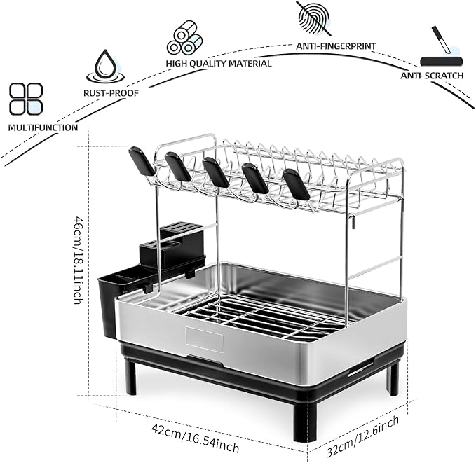 Dish Drying Rack, 2 Tier Large Dish Rack, Stainless Steel Dish Drainer for Kitchen Counter, Dishes Rack with Automatic Drainage, Utensil Holder,Cups Holder,Space Saving Kitchen Organizer,Black