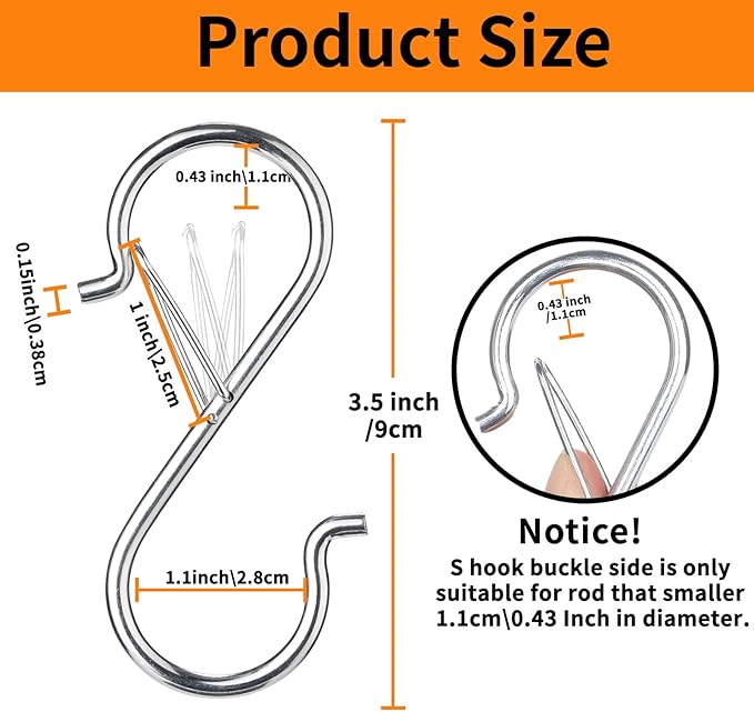 36 PCS S Hooks for Hanging with Safety Buckle, 3.5 inch Heavy Duty Metal S Shaped Hooks Stainless Steel for Hanging Kitchen Utensil, Cups, Pots, Plants, Bags, Hats (Silver)