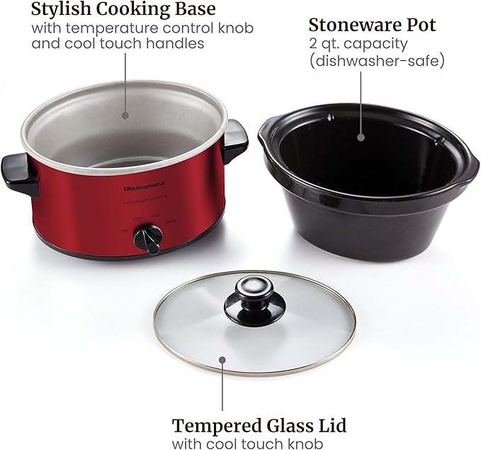 Elite Gourmet MST-275XR Electric Oval Slow Cooker, Adjustable Temp, Entrees, Sauces, Stews & Dips, Dishwasher Safe Glass Lid & Crock (2 Quart, Metallic Red)