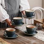 SHUER Ceramic Cappuccino Cup Set of 4, 7.8 OZ Cups and Saucers Set,Coffee Mocha Cup Sets,Black Coffee Cups and Glaze Americano Mugs Great for Party and Low Tea Time (Blue 220ml)