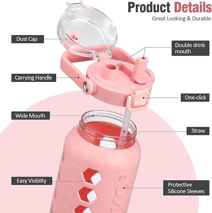 MUKOKO Half Gallon/64 oz Glass Water Bottles with Straw and Lid,Motivational Water Jug with Time Marker Reminder and Silicone Sleeve,100% Leakproof BPA Free Fitness Sports Large Bottle-Pink