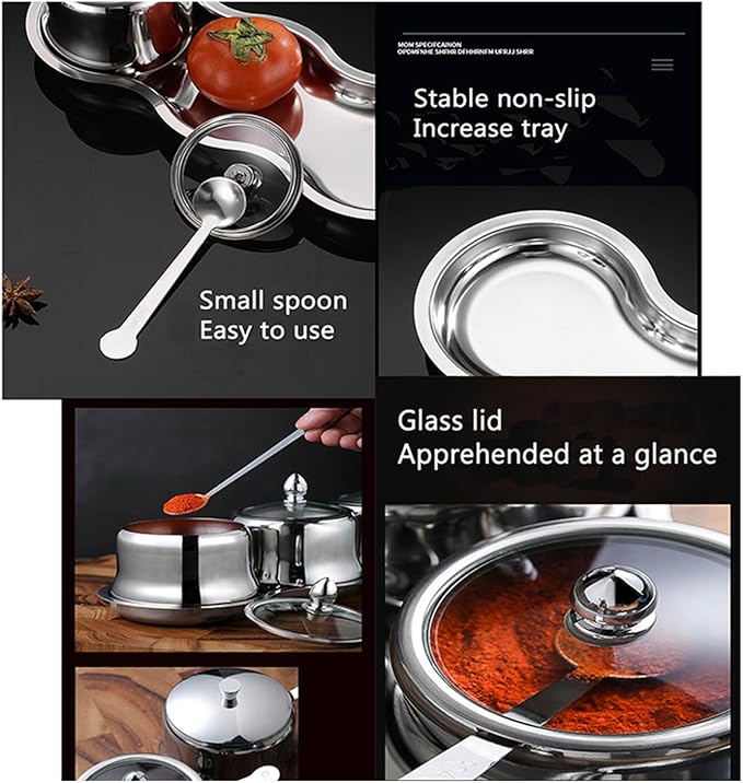 TENTA TENTA KITCHEN 18/8 Stainless Steel Seasoning Box Condiment Jar Set Spice Jar Spice Rack Condiment Cruet Bottle Salt Pepper Sugar Storage Organizers with 3 Serving Spoons (Glass Lids)