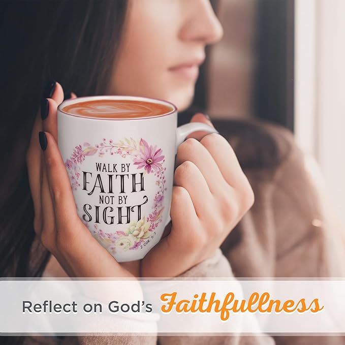 Christian Art Gifts Inspirational Scripture Ceramic Coffee & Tea Mug for Women: Walk by Faith Encouraging Bible Verse Cup, Microwave & Dishwasher Safe, Lead-free, White & Pink Floral Wreath, 12 oz.