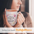 Christian Art Gifts Inspirational Scripture Ceramic Coffee & Tea Mug for Women: Walk by Faith Encouraging Bible Verse Cup, Microwave & Dishwasher Safe, Lead-free, White & Pink Floral Wreath, 12 oz.