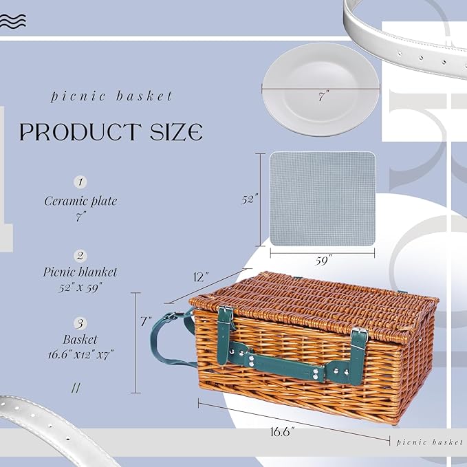 Picnic Basket Set for 4 with Waterproof Blanket Mat Insulation Bag Wicker Green Plaid Classic Vintage Fresh Cottagecore Gift for Wedding Birthday Summer Outdoor Camping Beach Travel Christmas