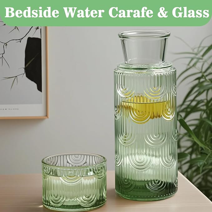 Bedside Water Carafe and Glass Set, 21.6oz Water Carafe with 6oz Glass Cup with Lid, Green