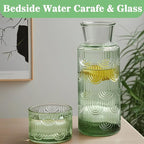 Bedside Water Carafe and Glass Set, 21.6oz Water Carafe with 6oz Glass Cup with Lid, Green