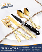 EUIRIO 53-Piece Gold Silverware Set with Serving Utensils, Gold Flatware Set for 8, Stainless Steel Mirror Cutlery Set, Spoons Forks Knives with Unique Floral Laser, Tableware Set, Dishwasher Safe