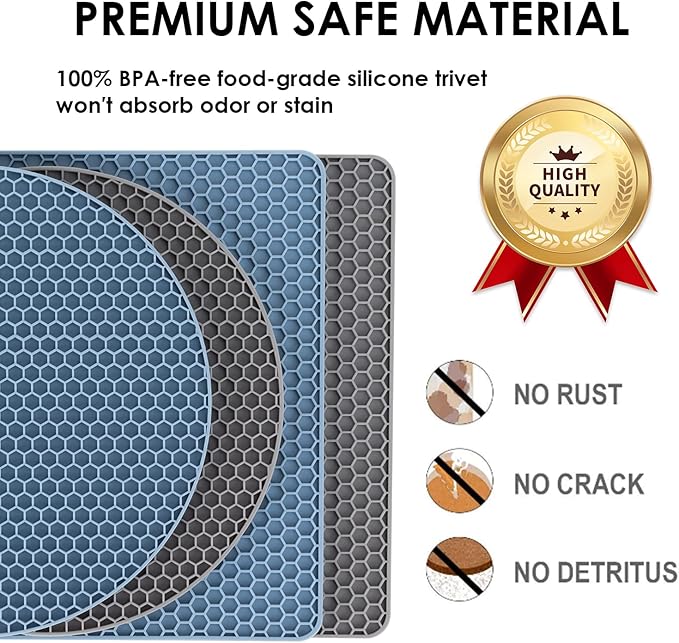 Trivets for Hot Dishes, 4 Pack Silicone Hot Pads Pot Holders for Kitchen, Non-Slip Heat Resistant Silicone Mat for Countertops, Spoon Rest, Multipurpose Food Grade Thick Trivet(Gray& Blue)