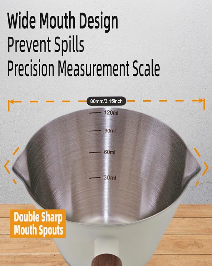 Stainless Steel Espresso Cup - Espresso Shot Cup with Wooden Handle -Measuring Cup with Double Spouts - 4.1OZ/120ML, White