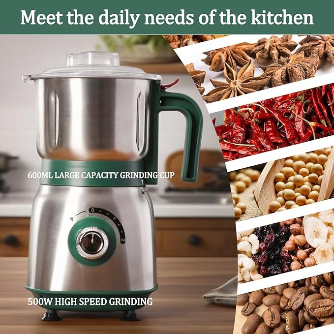 Electric Grinder for Kitchen - 500W Grain Mill with 3 Stainless Steel Blades, Versatile Spice Grinder for Coffee, Grinding Spices, Bean, Grains, Nuts (Green)