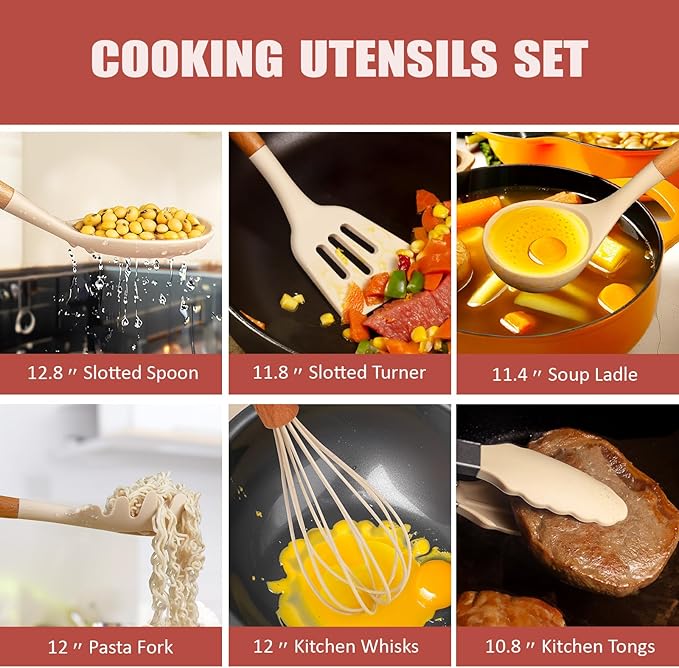 RAXCO Kitchen Set,18-Piece Silicone Cooking Utensils and Stainless Steel Chef's Knives,Khaki