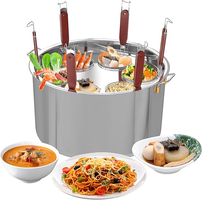 Large Pasta Cooker with Strainer,53.22 Qt. Commercial Pasta Pot,Stainless Steel Pasta Cooker Insert Set with Strainer Basket,Multipots Cooking Tool for Commercial Restaurant,6 Holes