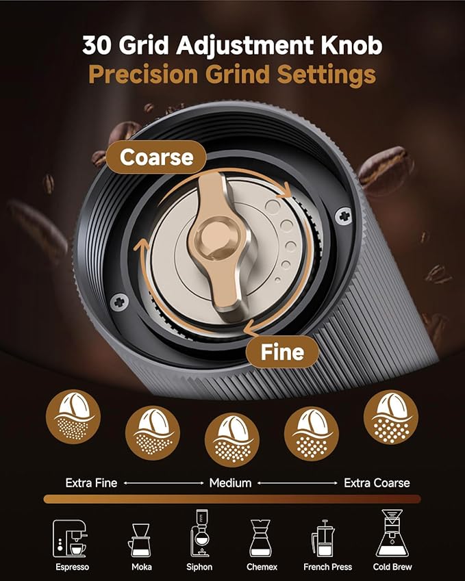 Manual Coffee Grinder,Hand Coffee Grinder with 30 Adjustable Settings,CNC 420 Stainless Steel Espresso Conical Burr-Portable Multi-Bearing Design for Pour Over,French Press & Moka pots