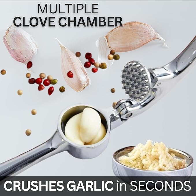 Premium Garlic Press Set - Easy to Squeeze Ergonomic Handle Garlic Crusher - Rust Proof & Dishwasher Safe Garlic Mincer Tool, Garlic Press Stainless Steel, Garlic Peeler & Brush (Chrome Silver)