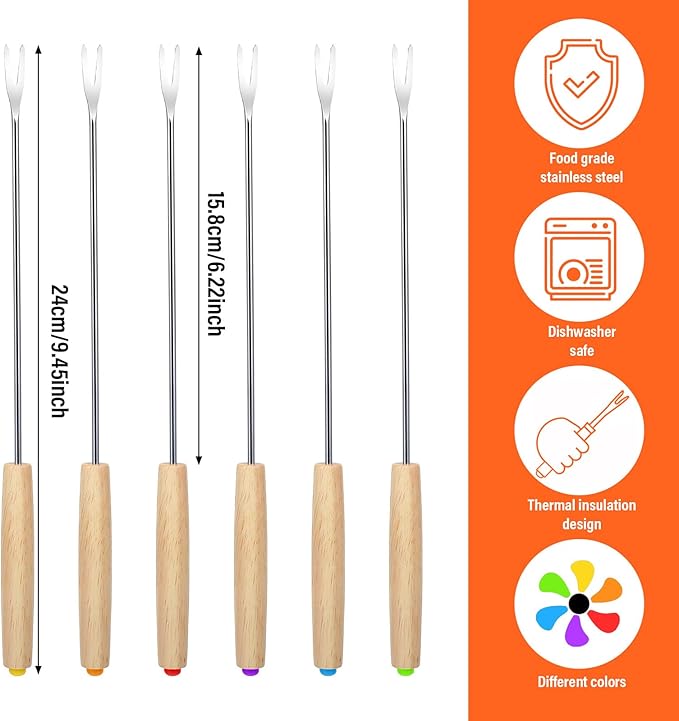 6 PCS 9.5'' Stainless Steel Fondue Forks with Wooden Handle, Color Coding Heat Resistant Fondue Sticks, Cheese Chocolate Fountain Forks for Roast Marshmallows, Grill Meat, Fruits, Dessert & Barbecue