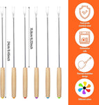 6 PCS 9.5'' Stainless Steel Fondue Forks with Wooden Handle, Color Coding Heat Resistant Fondue Sticks, Cheese Chocolate Fountain Forks for Roast Marshmallows, Grill Meat, Fruits, Dessert & Barbecue