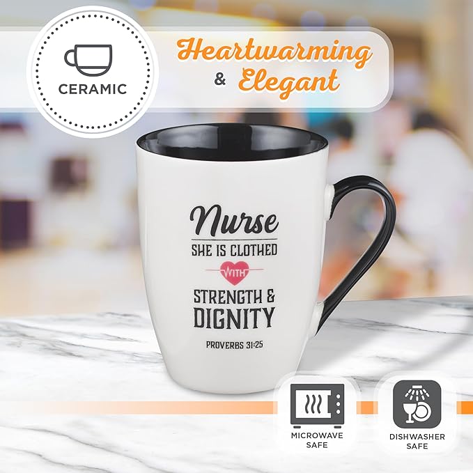Christian Art Gifts Inspirational Ceramic Coffee & Tea Scripture Mug for Women Nurses: Strength & Dignity Encouraging Proverb, Microwave/Dishwasher Safe Novelty Cup, Cute Heart, White & Black, 12 oz.