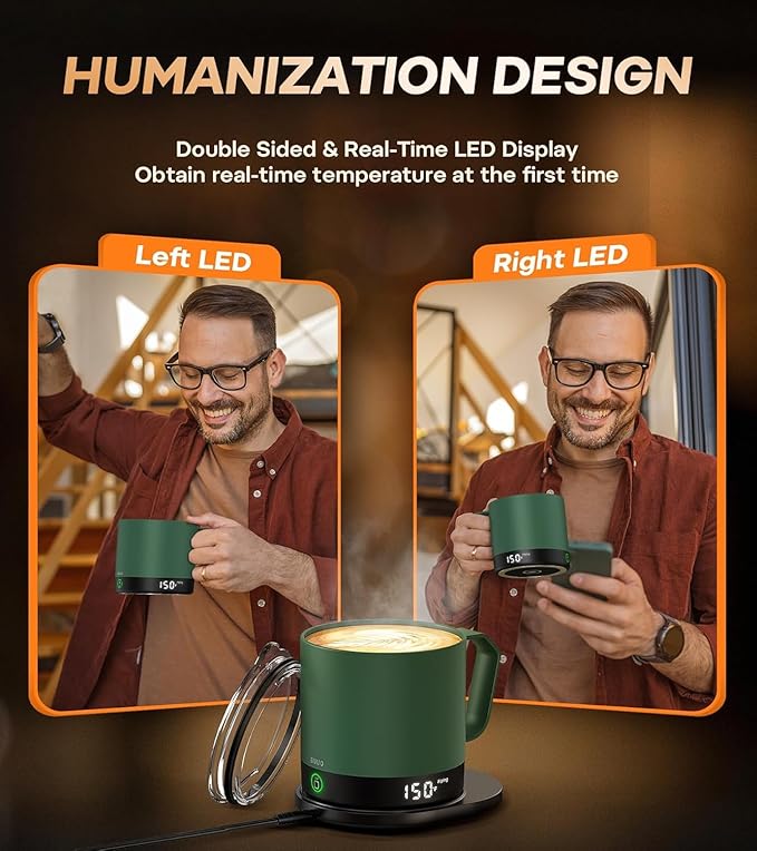 Heated Coffee Mug Rechargeable - Temperature Control Self Heating Coffee Mug 14oz with Lid, Double Sided & Real-Time LED Display, Hot up to 150℉, Birthday Gifts for Women and Men(Green)