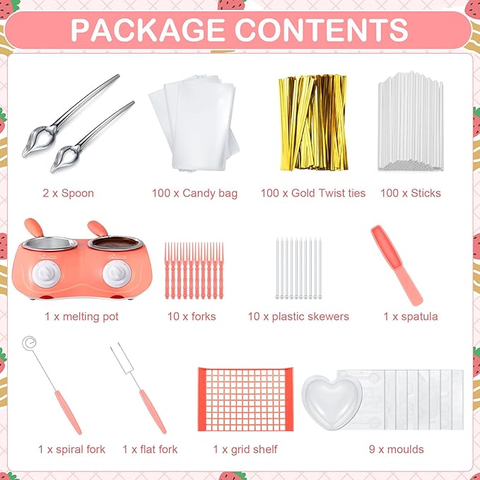 Umigy Electric Melting Chocolate Pot Gift Set Mini Fondue Fountain Pot Kit Chocolate Melting with DIY Mold and Accessories for Candy Chocolate Milk Cheese Candy Home (Pink,Double Furnace)