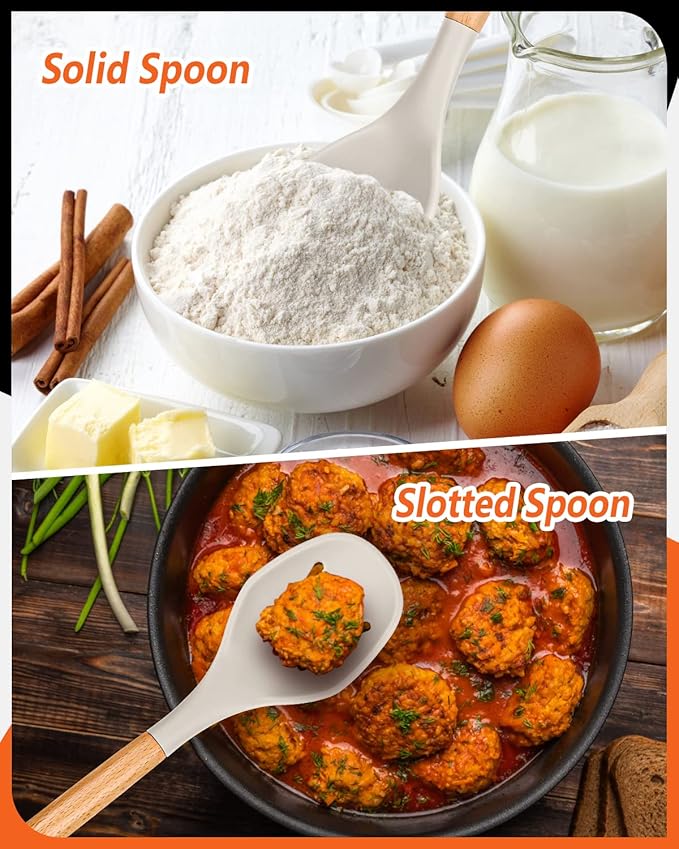 Large Silicone Cooking Spoons, 2 Pack Nonstick Solid and Slotted Wooden handle Spoon Set, Heat Resistan Silicone Kitchen Spoons for Cooking, Serving, Basting, Mixing (Khaki)