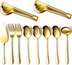 Patelai Serving Utensils Set Include Stainless Steel Large Spoons Slotted Spoons Forks Tongs Soup Ladle and Pie Server for Parties Buffet Catering, Dishwasher Safe(Gold,10 Pieces)