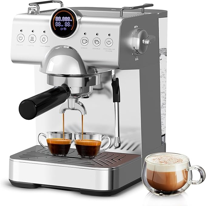 20 Bar Espresso Machine,Compact Stainless Steel Cold Brew & Hot Coffee Machine with Steam Wand,LED Display,50 oz Removable Water Tank,Cappuccino Machine for Home,Semi-Automatic,Silver