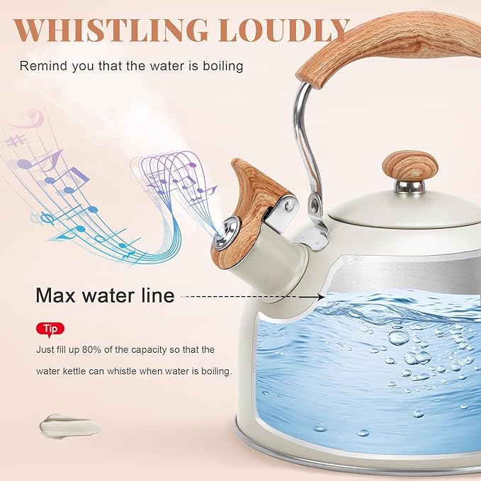 GGC Tea Kettle for Stove Top, 85OZ/2.6QT Whistling Tea Kettles for Boiling Water Milik or Coffee, White Stainless Steel Tea Pots with Wood Pattern Folding Handle, Thumb Design Control Kettle Outlet