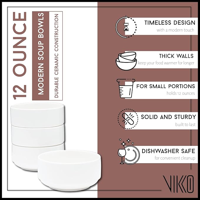 Vikko White Soup Bowls, Set of 6 for Kitchen, 12 Ounce Cereal Bowl, Small Ceramic Rice Bowls for Side Dishes, Dishwasher and Microwave Safe