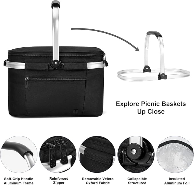 ALLCAMP OUTDOOR GEAR Insulated Cooler Bag Collapsible Portable Picnic Basket Cooler W/ Sewn in Frame (Medium Jet Black)