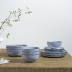 Famiware Moonlight Plates and Bowls Sets, 12 Pieces Stoneware Dinnerware Sets with Linen Finish, Handmade Dishware Set for 4, Microwave and Dishwasher Safe, Chip and Scratch Resistant, Blue