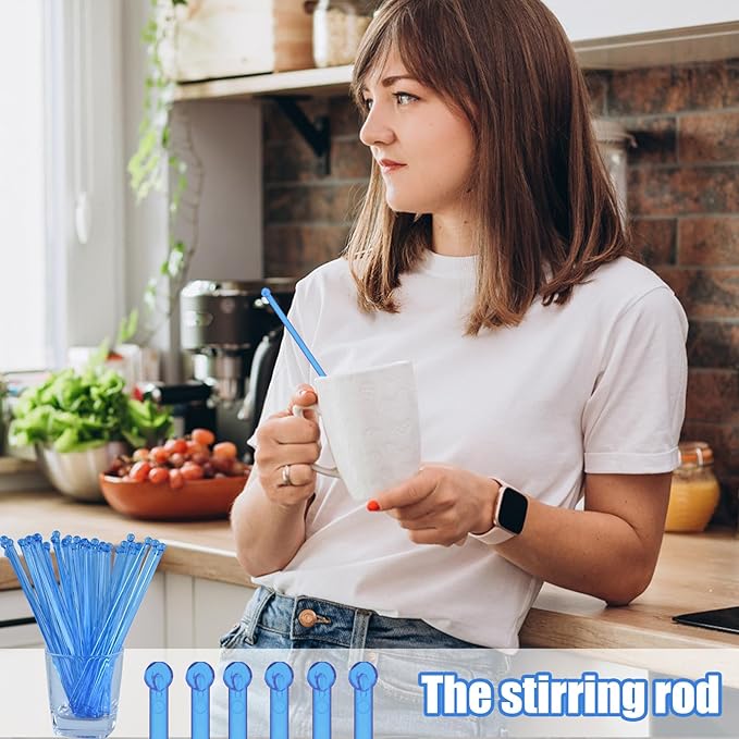 100 Pieces Disposable Plastic Round Top Clear Swizzle Sticks, Crystal Cake Stick, Cocktail Coffee Drink Stirrers 7.24 Inch (Blue)