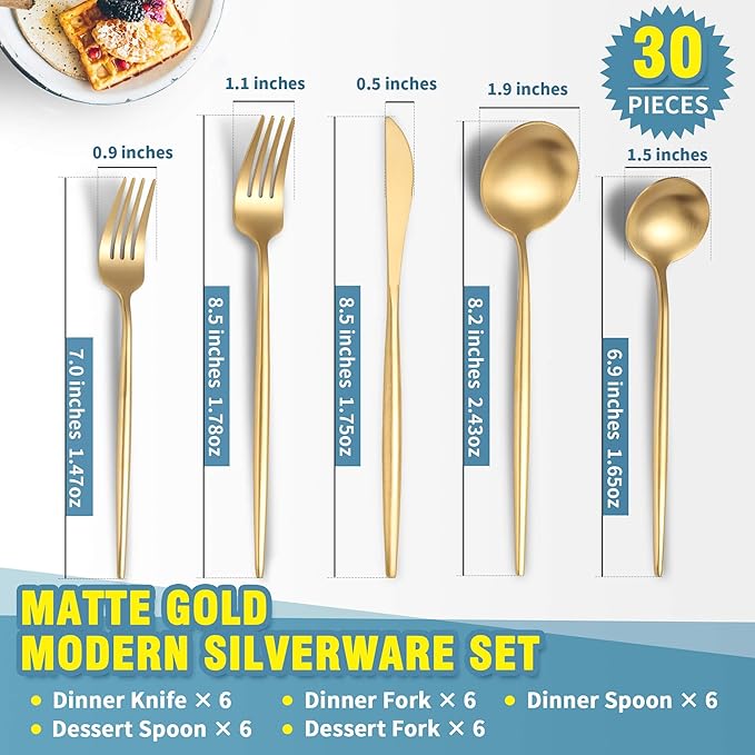 Lemeya Matte Gold Silverware Set for 6,Modern Stainless Steel Brushed Cutlery Set,30-Pieces Heavy Duty Flatware Set,Knives Spoons and Forks Set Utensils Set,Satin Finish,Dishwasher Safe