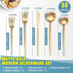 Lemeya Matte Gold Silverware Set for 6,Modern Stainless Steel Brushed Cutlery Set,30-Pieces Heavy Duty Flatware Set,Knives Spoons and Forks Set Utensils Set,Satin Finish,Dishwasher Safe