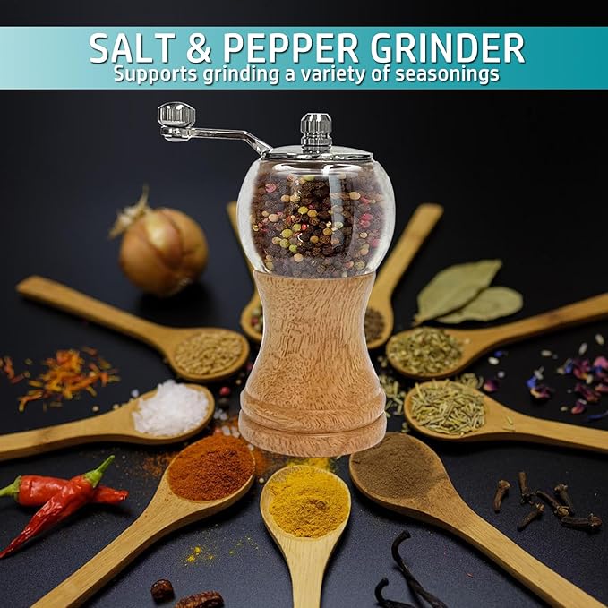Classical Hand Shake Wood Pepper Grinder Set & Gorgeous Salt Wooden & Acrylic,Ceramic Blades Upgrade metal handle,Enjoy Your Best Fresh Ground Pepper Various spices (Burlywood 1pcs-5in)