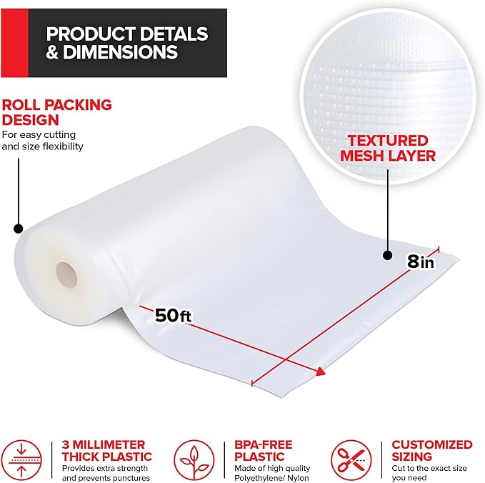 Stock Your Home 8" x 50' Vacuum Seal Bags Rolls (2 Pack), Vacuum Seal Bags for Food Saver, Freezer, Microwave, and Boil Safe Vacuum Sealer Bags Rolls