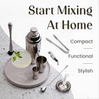 Modern Mixology 21-Piece Cocktail Shaker Set with Stand, Bartender Kit for Home Bar Accessories: 24oz Martini Shaker, Jigger, Strainer, Bar Spoon, Tongs, Opener, Muddler (Silver, Brown Stand)