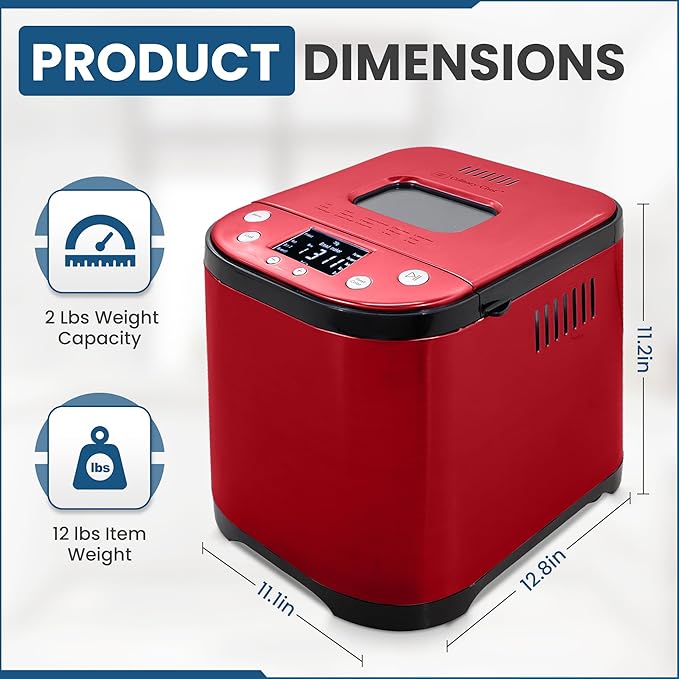 CULINARY CHEF Bread Maker Machine with Nonstick Bowl, Bread Hook, Measuring Cup & Spoon. 15-in-1, Gluten-Free Bread, Cake& Yogurt, 3 Crust Colour options and more. 3 Loaf Sizes. 2LB XL-RED