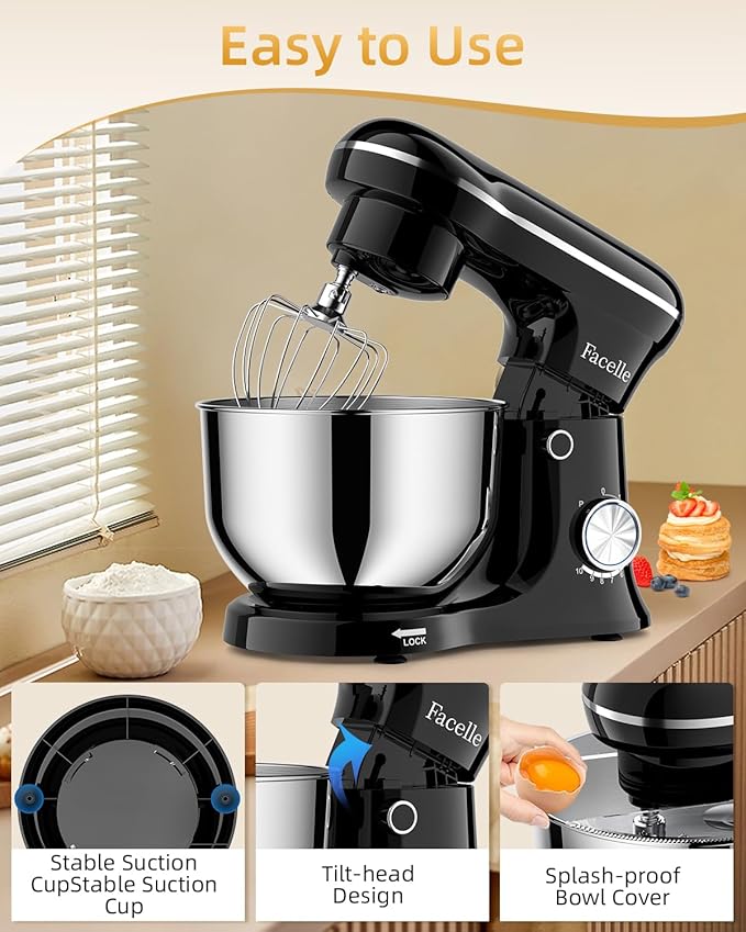 Facelle Tilt-Head Stand Mixer, 5QT+6QT Stainless Steel Two Bowls, 10 Speeds Kitchen Electric Food Mixer with Egg Whisk, Dough Hook, Beater, Dishwasher-Safe Attachment, Ideal Gift for Mom